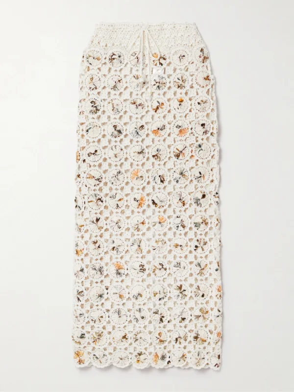 Agua by Agua Bendita Arroyo Caracola Embellished Printed Crepe and Crocheted Cotton Midi Skirt