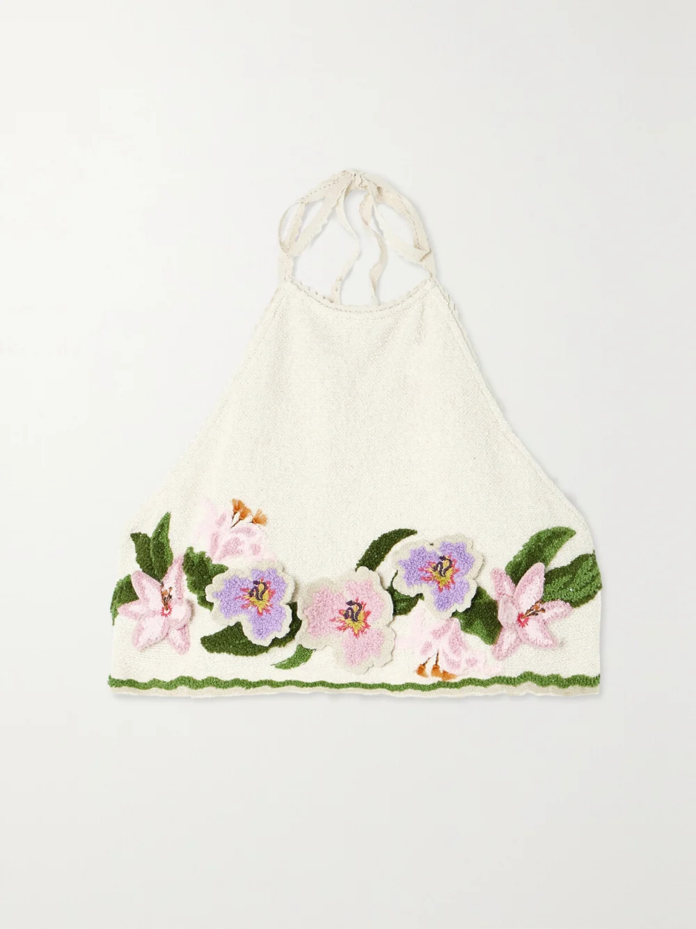 Agua by Agua Bendita Carlota Flora Cropped Appliquéd Cotton-blend Bouclé Halterneck Top in white