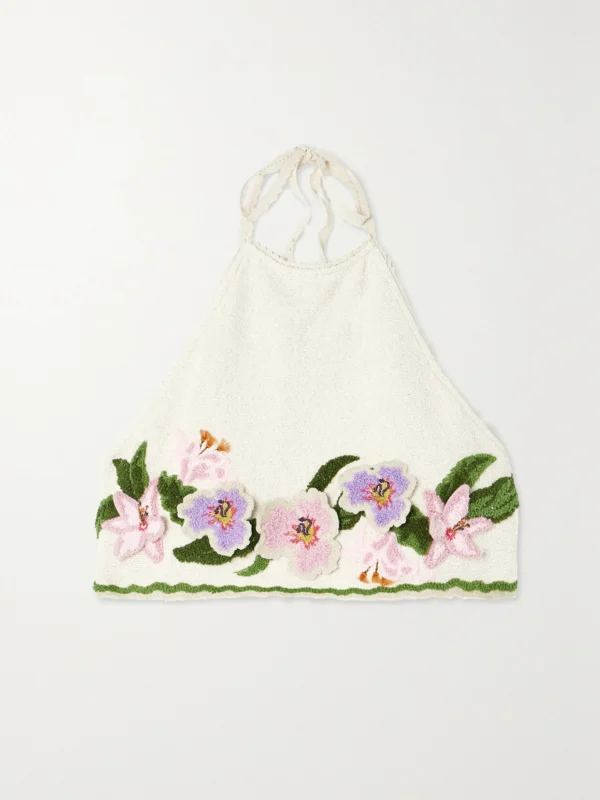 Agua by Agua Bendita Carlota Flora Cropped Appliquéd Cotton-blend Bouclé Halterneck Top