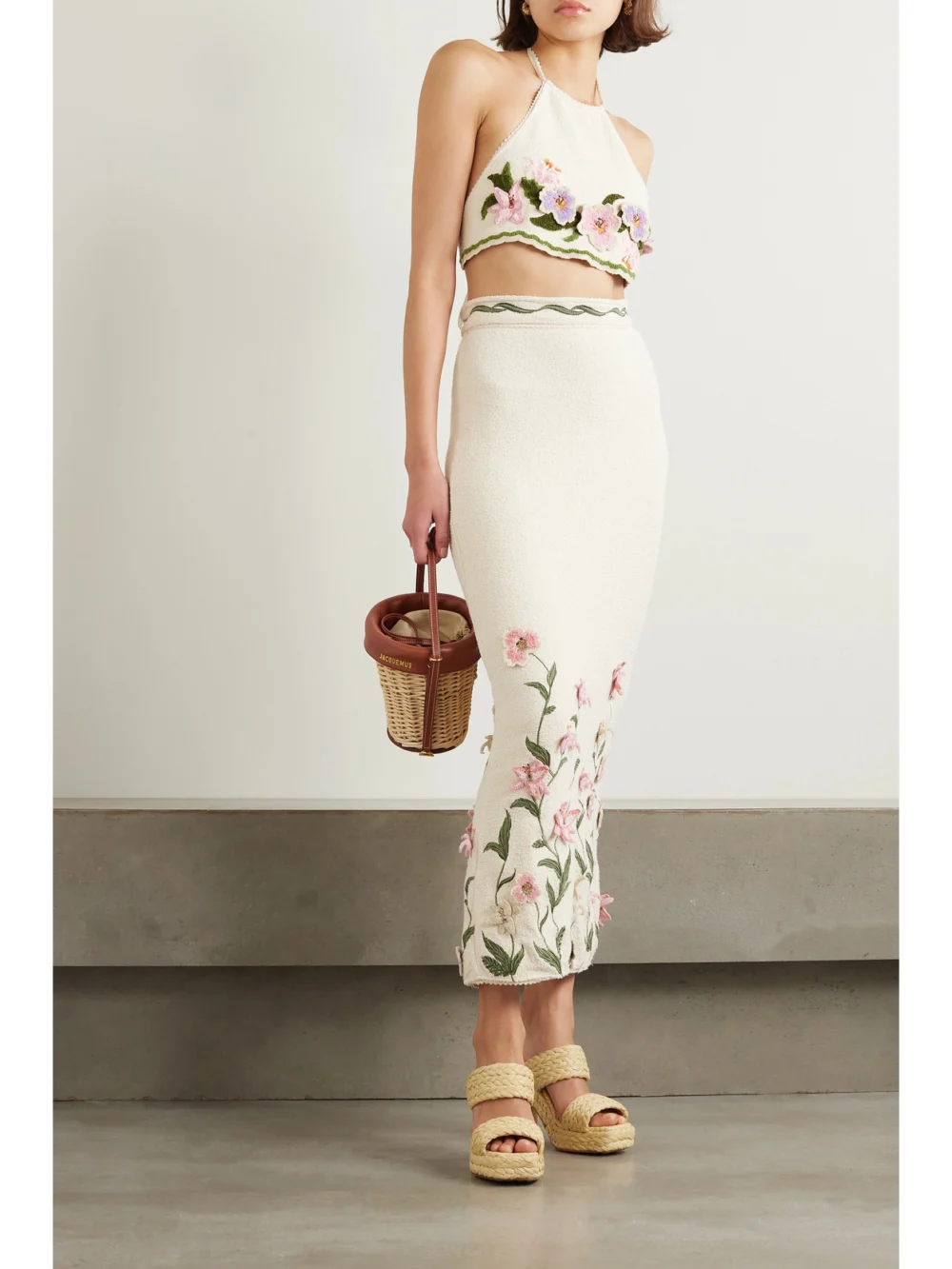 Agua by Agua Bendita Carlota Flora Cropped Appliquéd Cotton-blend Bouclé Halterneck Top, worn by a model