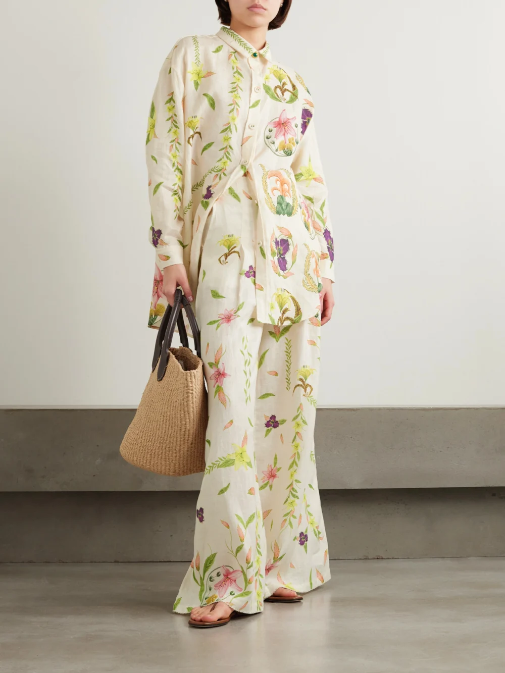 Agua by Agua Bendita Cecilia Marina Oversized Floral-print Linen Shirt, worn by a model