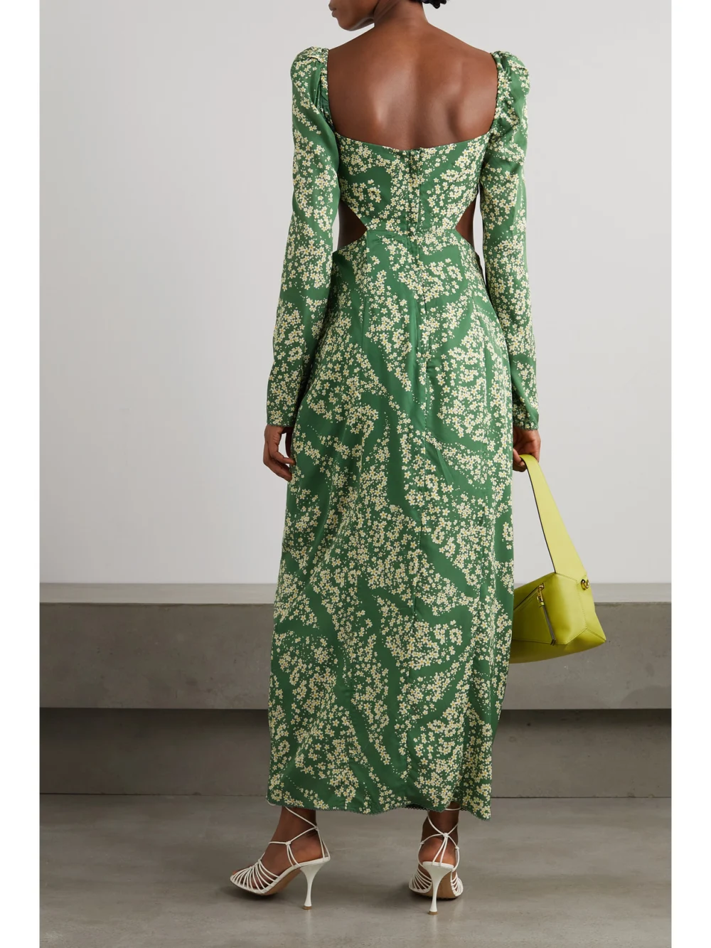 Back view of the Agua by Agua Bendita Cuarzo Astro Esmeralda Cutout Floral-print Twill Maxi Dress