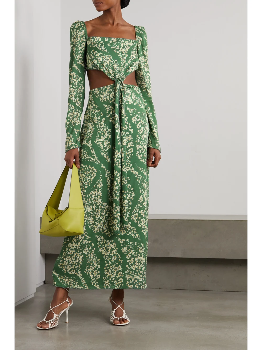 Agua by Agua Bendita Cuarzo Astro Esmeralda Cutout Floral-print Twill Maxi Dress, worn by a model