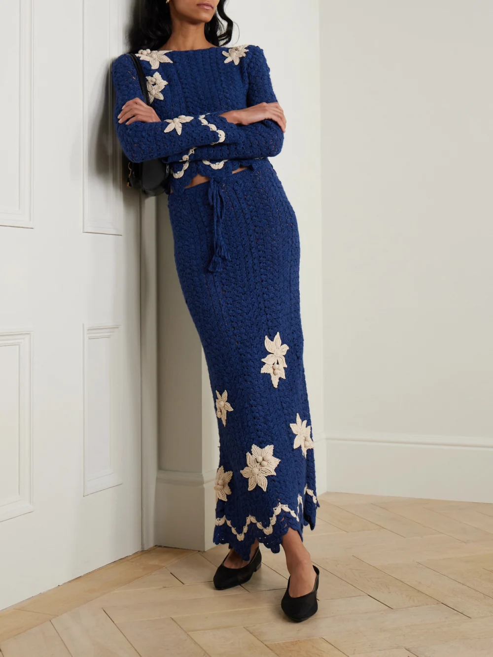 Agua by Agua Bendita + Escvdo Muhu Crocheted Alpaca Midi Skirt, worn by a model