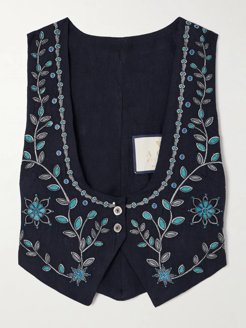 Agua by Agua Bendita Esmeralda Relicario Embroidered Linen Cropped Top in black