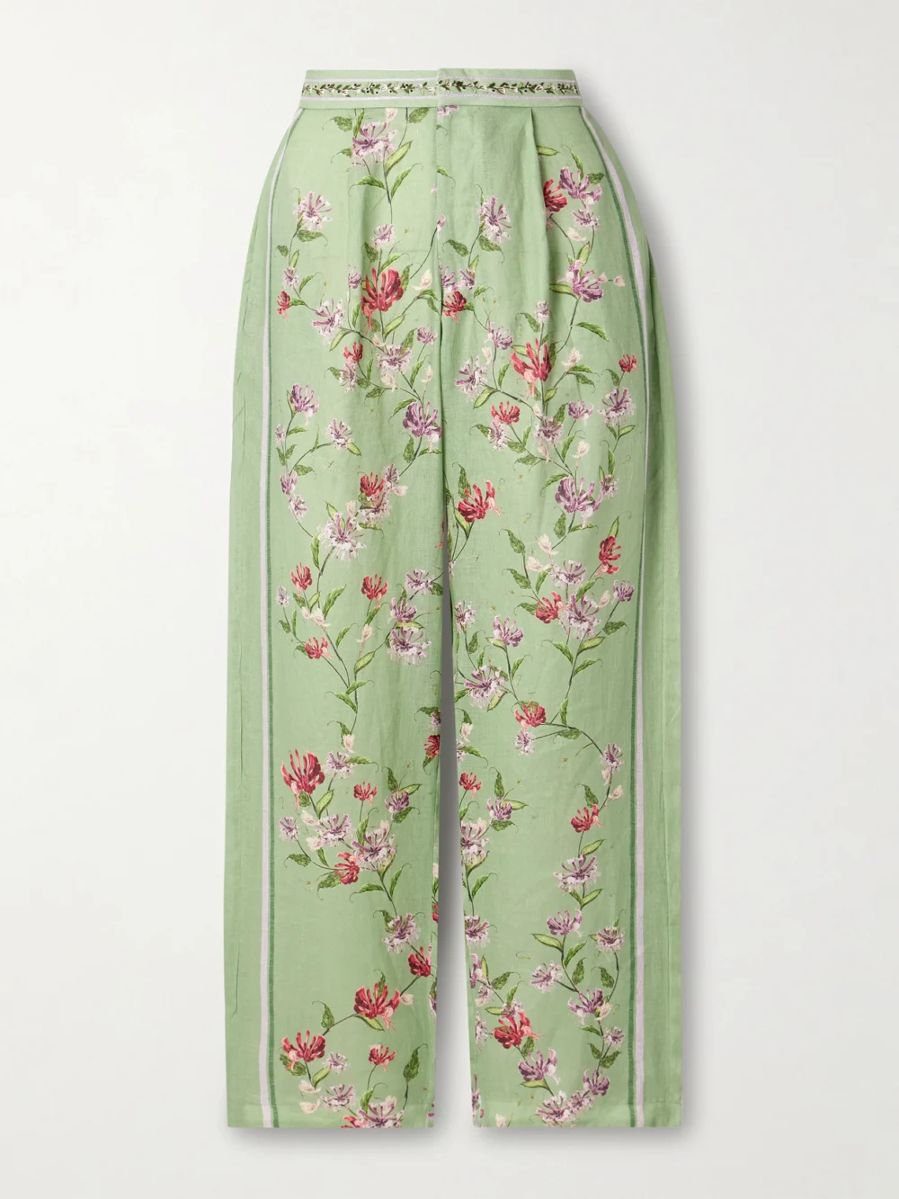 Agua by Agua Bendita Florecer Honeysuckle Pleated Embroidered Floral-print Linen Tapered Pants in green