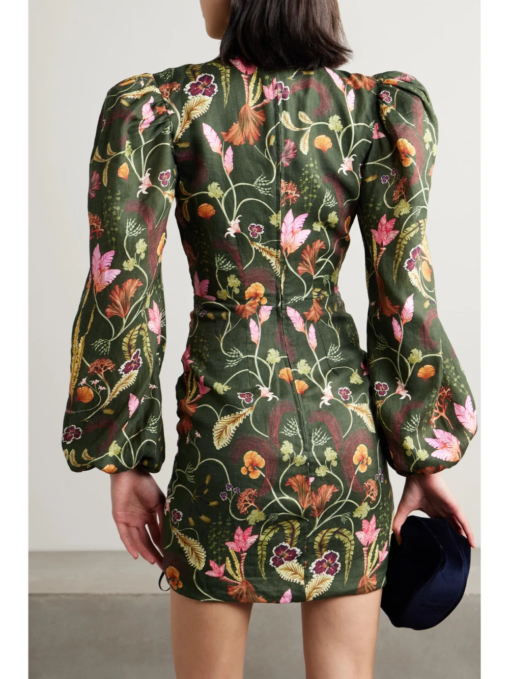 Back view of the Agua by Agua Bendita Guaba Habitat Ruched Printed Linen Mini Dress