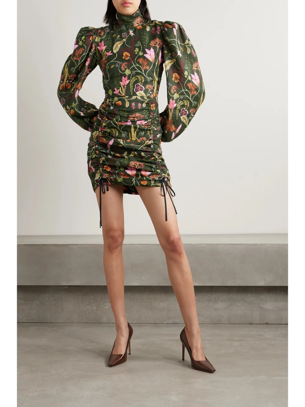 Agua by Agua Bendita Guaba Habitat Ruched Printed Linen Mini Dress, worn by a model