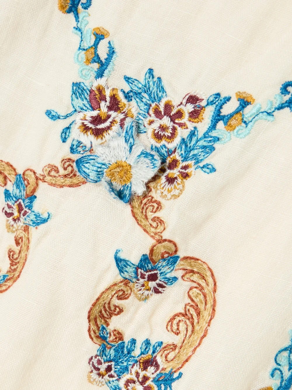 Close-up detail of the Agua by Agua Bendita Guaguancò Florero Tie-detailed Cutout Embroidered Linen Midi Dress