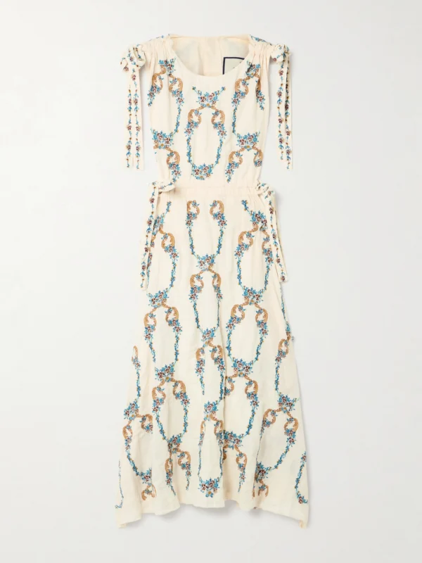 Agua by Agua Bendita Guaguancò Florero Tie-detailed Cutout Embroidered Linen Midi Dress