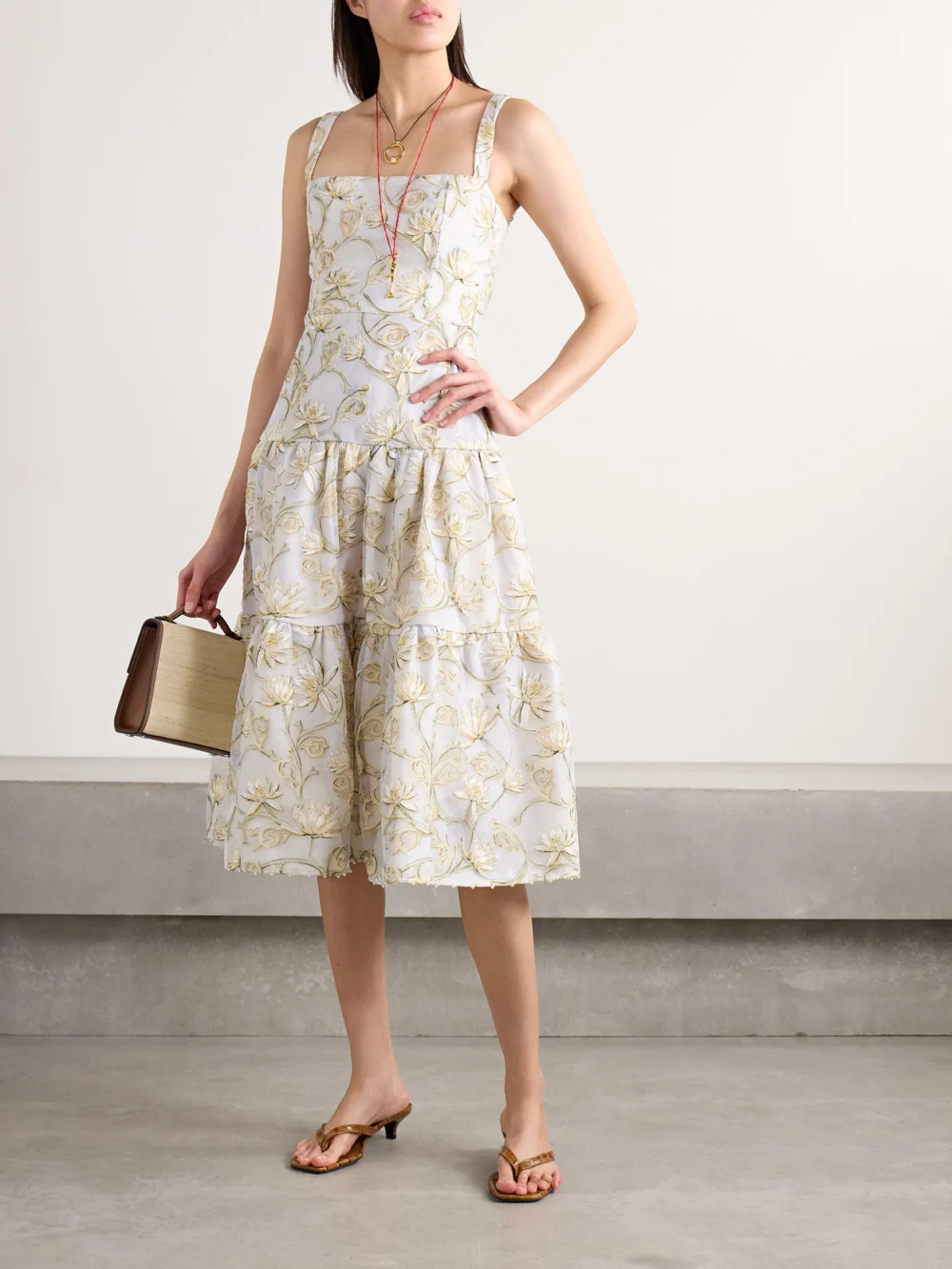 Agua by Agua Bendita Lima Soledad Embellished Floral-print Tulle Midi Dress, worn by a model