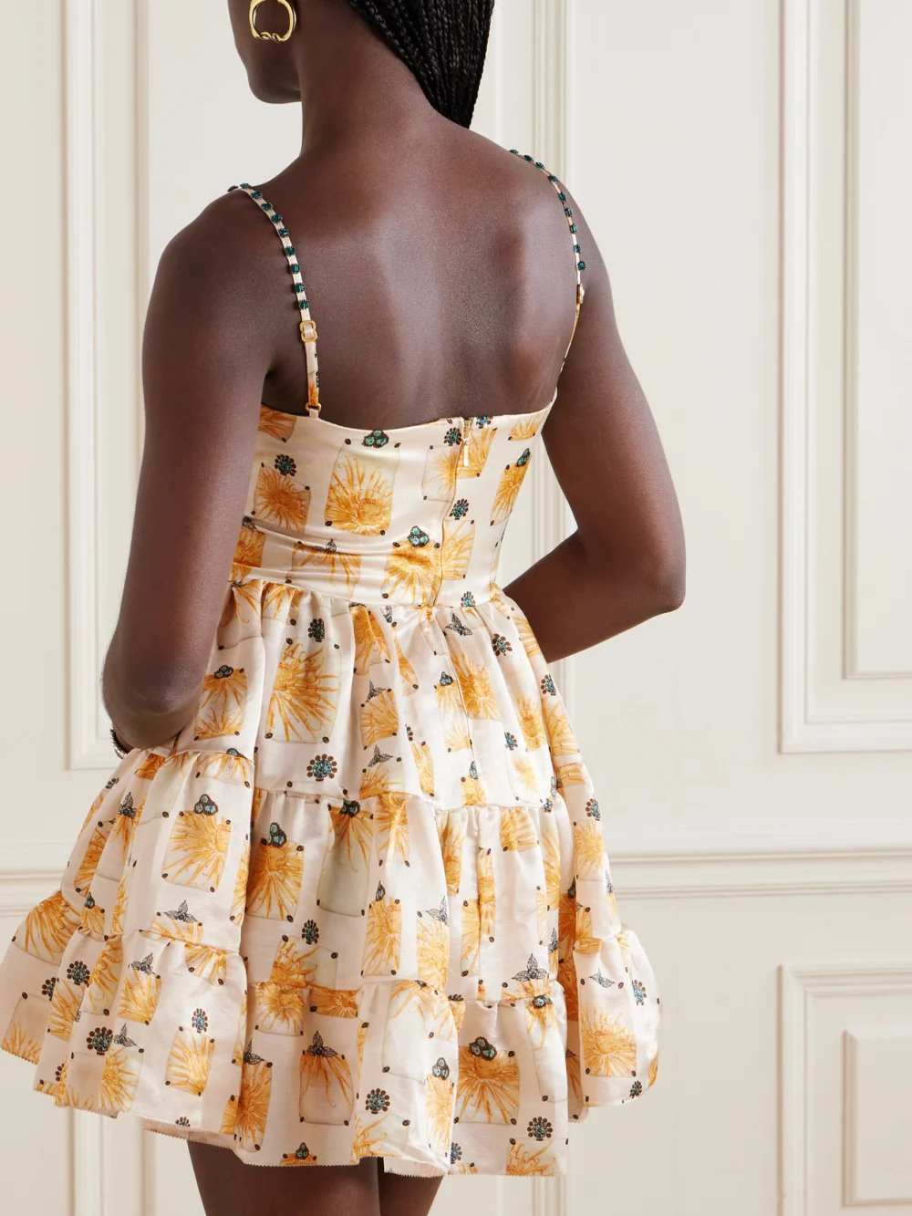 Back view of the Agua by Agua Bendita Lima Tiered Printed Linen and Silk-blend Faille Mini Dress
