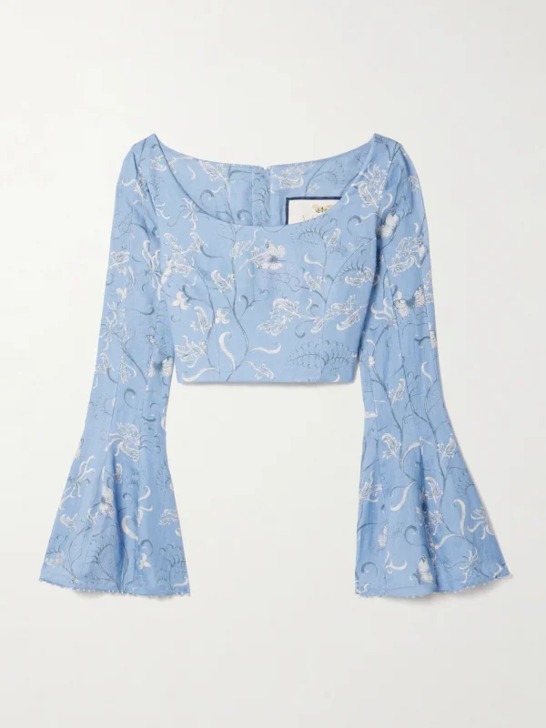 Agua by Agua Bendita Limoncillo Lymanopoda Cropped Bead-embellished Printed Linen Top
