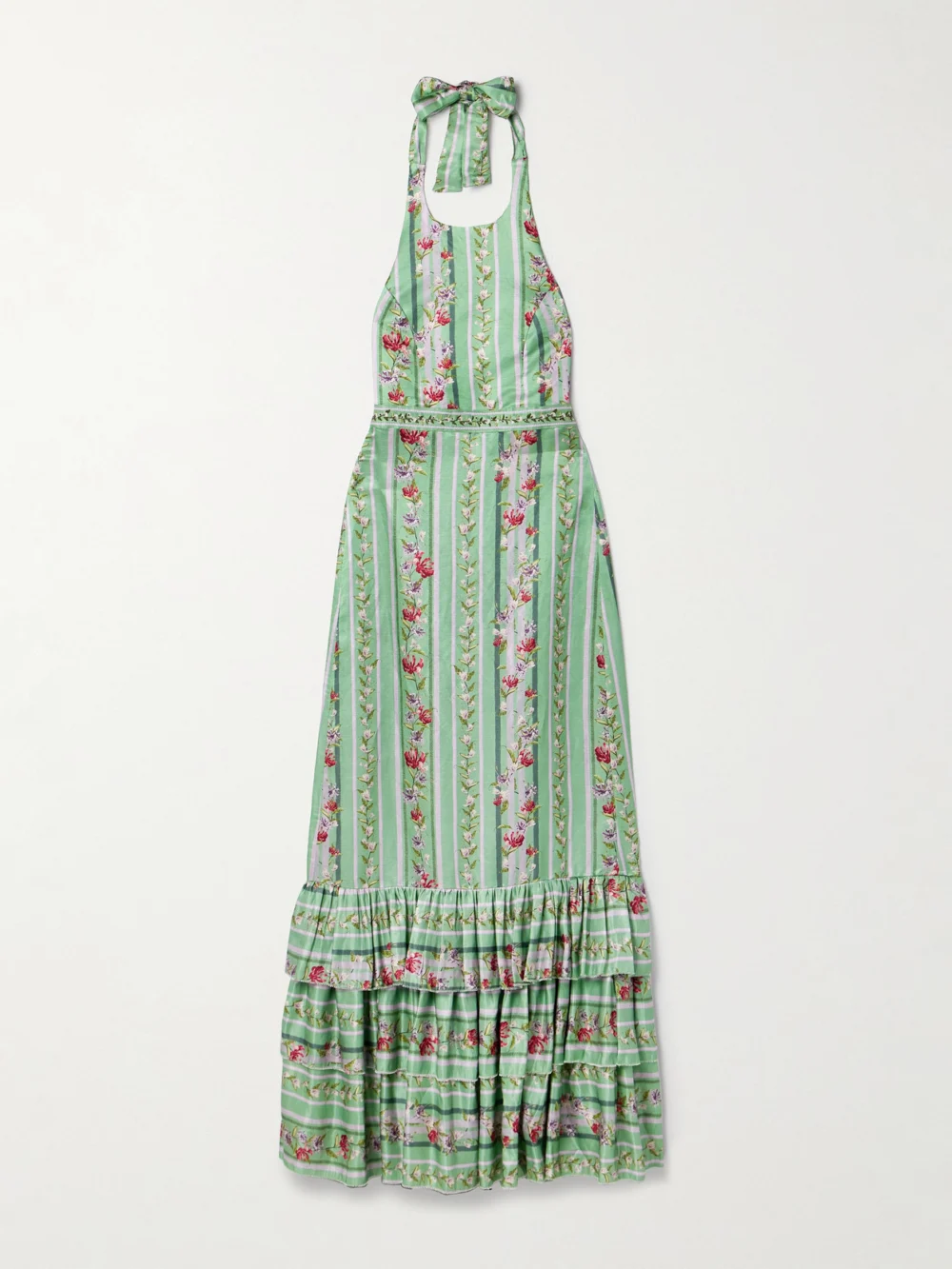 Agua by Agua Bendita Magnolia Honeysuckle Tiered Embroidered Floral-print Linen and Silk-blend Halterneck Maxi Dress in green