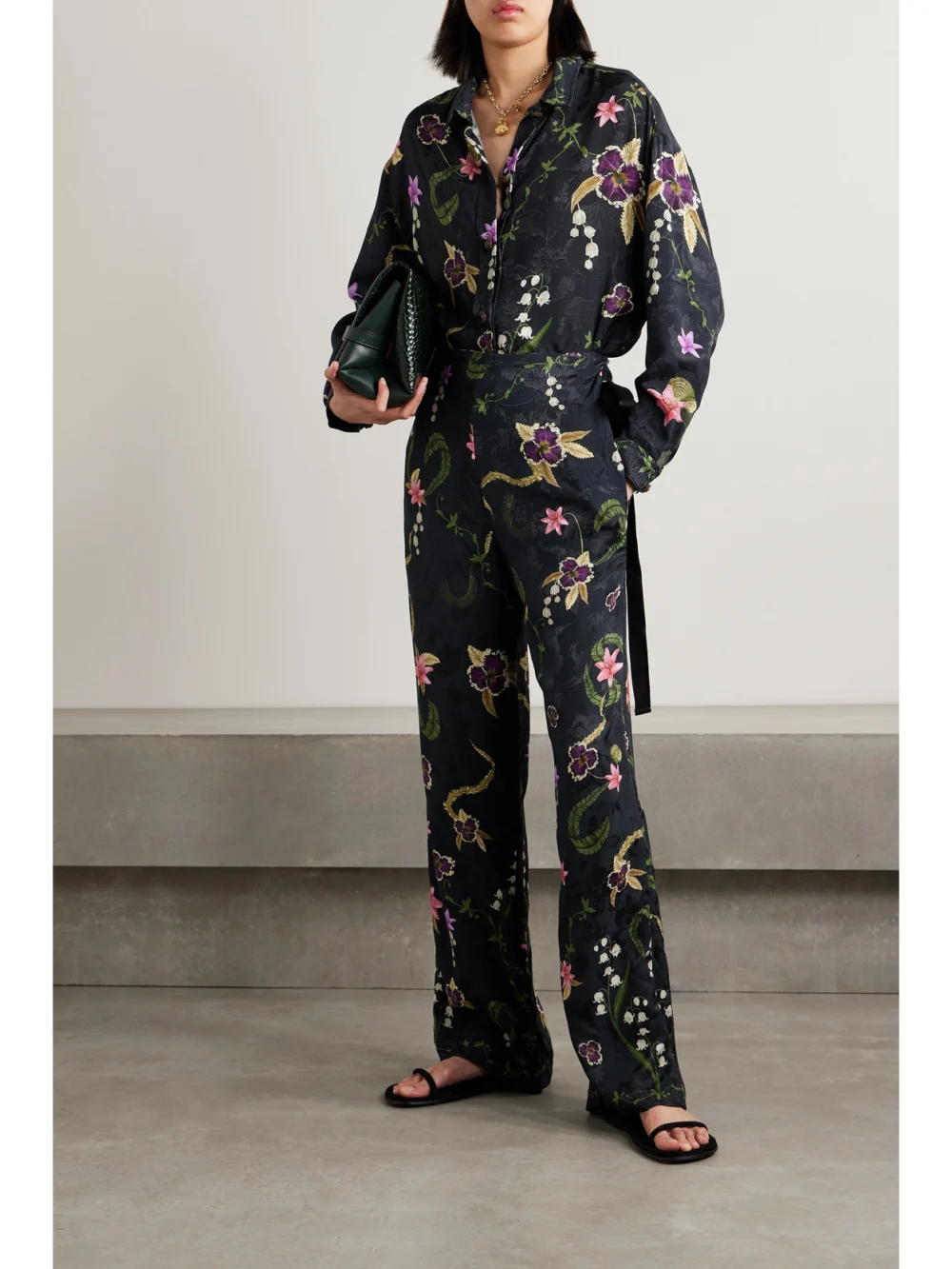 Agua by Agua Bendita Memoria Tesoro Floral-print Jacquard Straight-leg Pants, worn by a model