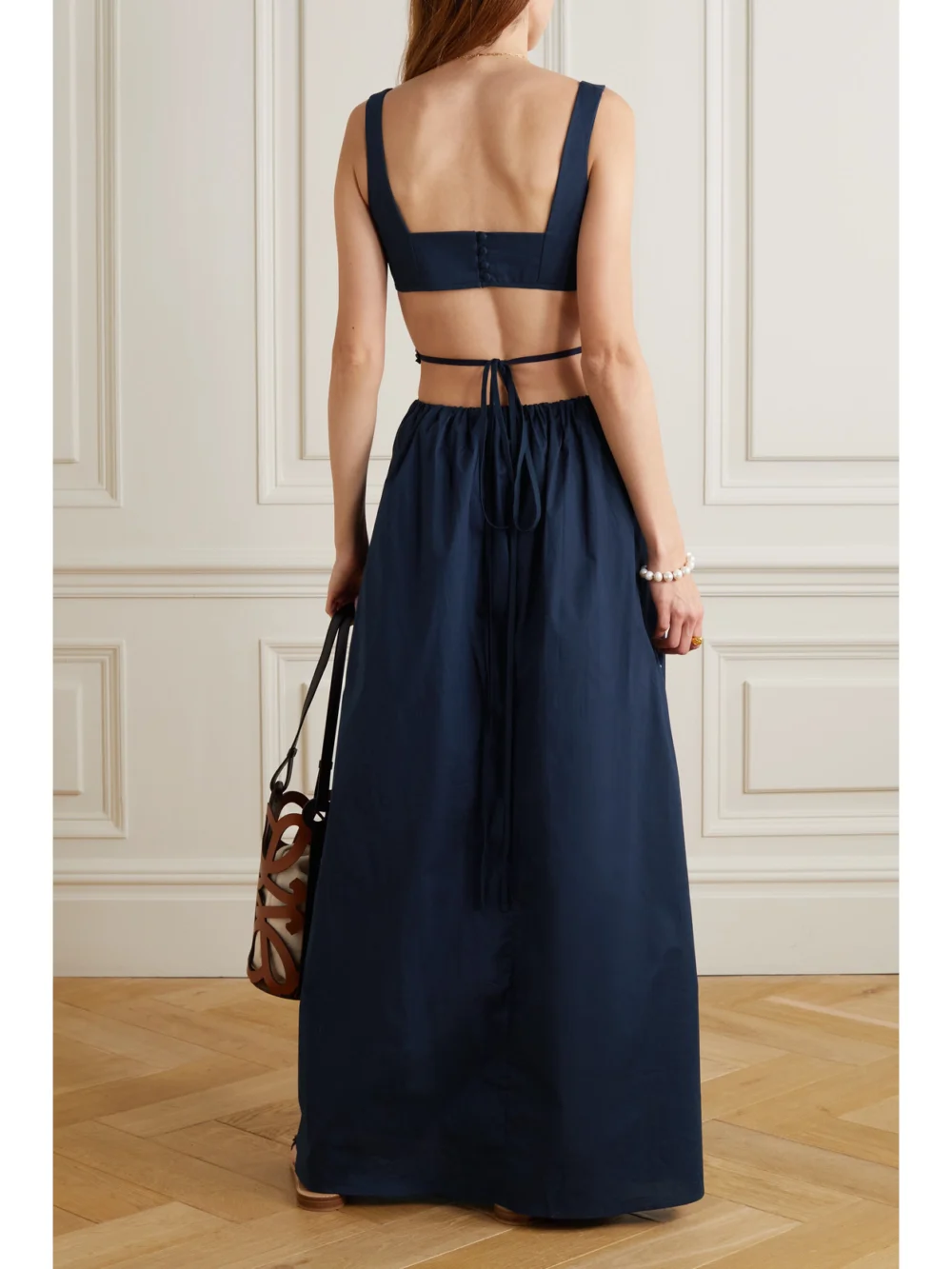 Back view of the Agua by Agua Bendita Peonia Bead-embellished Cutout Cotton-poplin Maxi Dress
