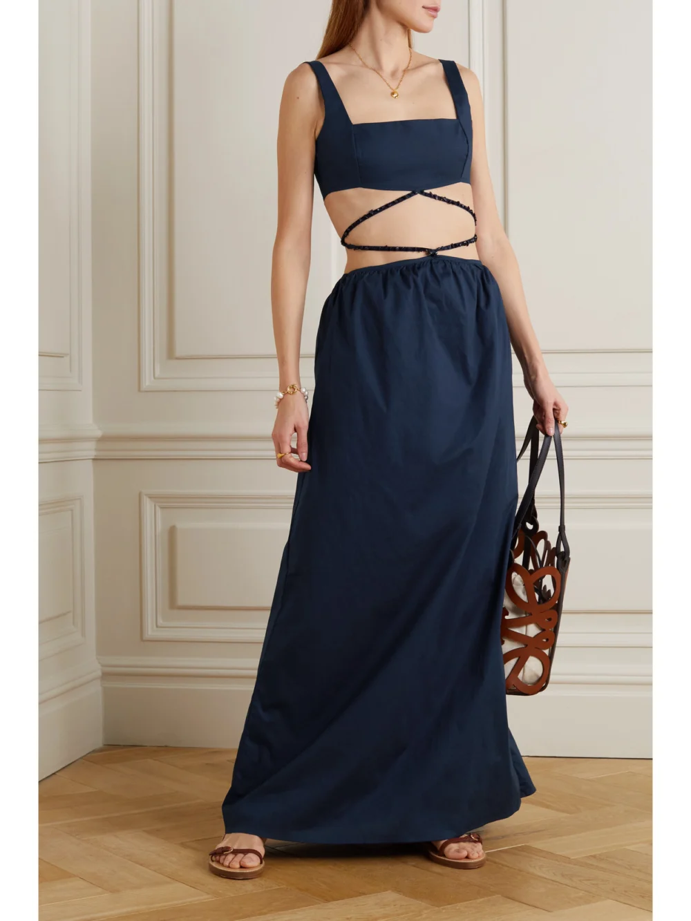 Agua by Agua Bendita Peonia Bead-embellished Cutout Cotton-poplin Maxi Dress, worn by a model