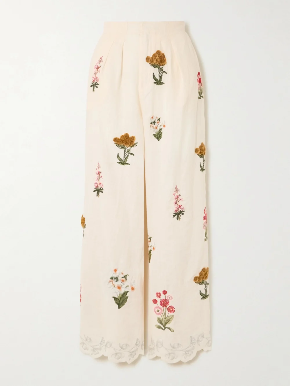Agua by Agua Bendita Piñon Prado Pleated Scalloped Embroidered Linen Wide-leg Pants in cream