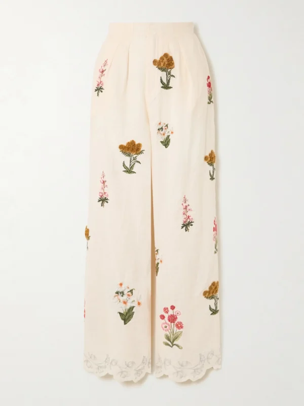 Agua by Agua Bendita Piñon Prado Pleated Scalloped Embroidered Linen Wide-leg Pants