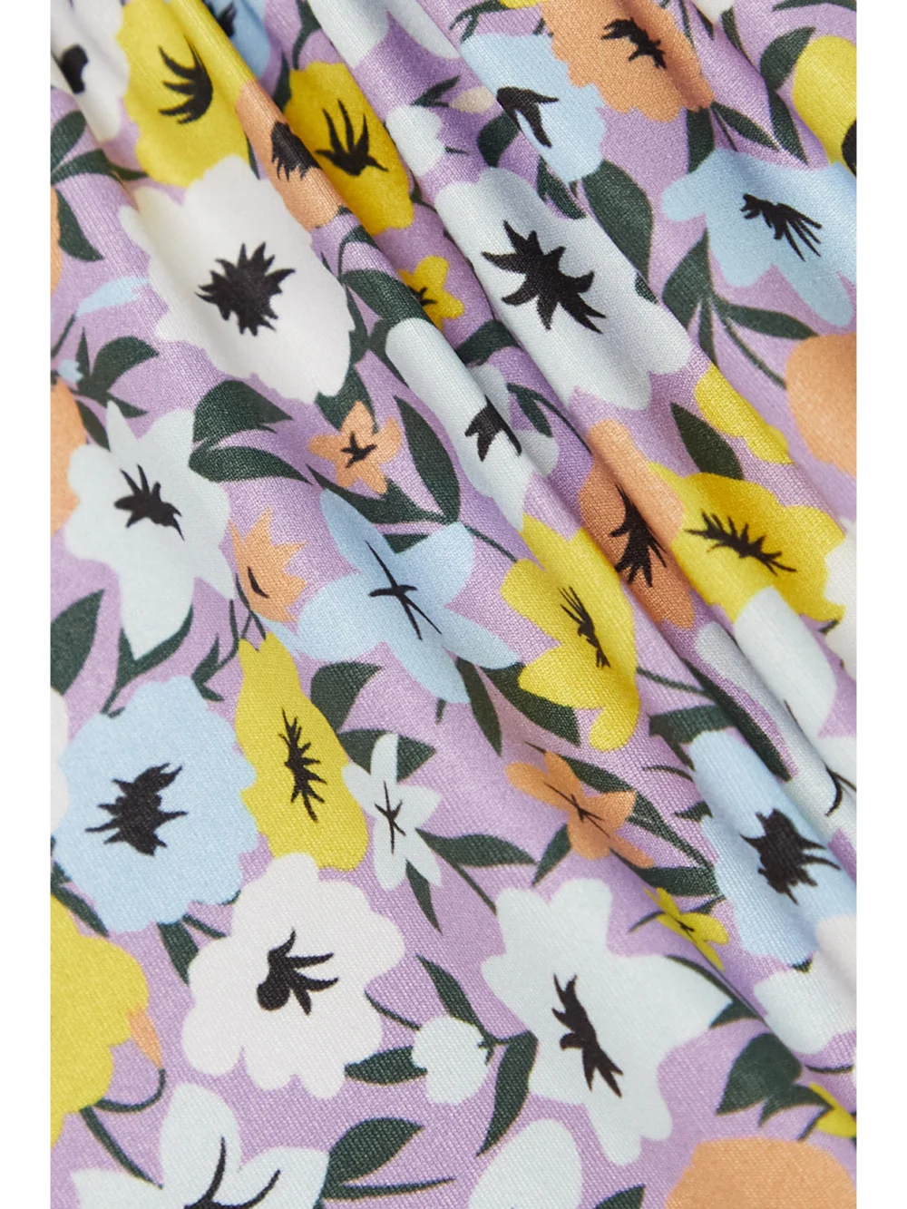 Close-up detail of the Agua by Agua Bendita Vaiven Ruched Floral-print Recycled Bikini Bottoms