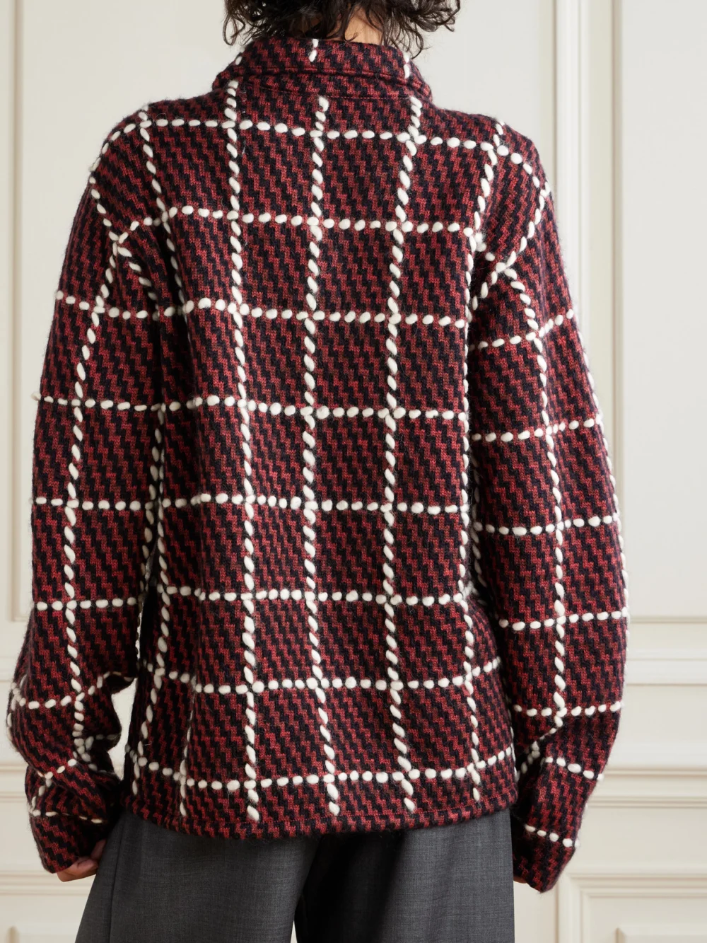 Back view of the Aimé Leon Dore Embroidered Checked Merino Wool-blend Cardigan
