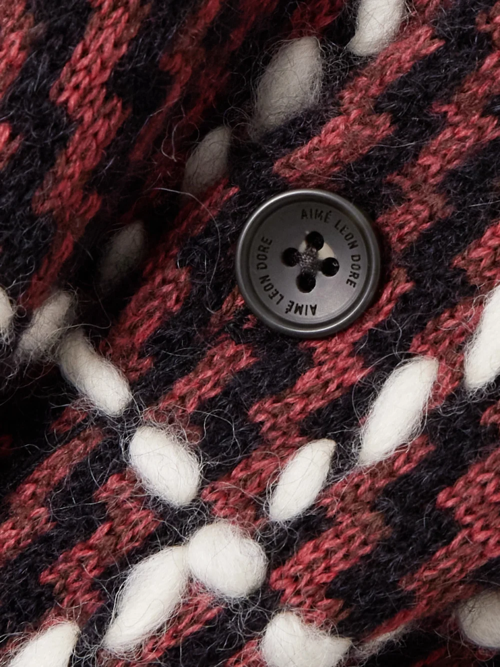 Close-up detail of the Aimé Leon Dore Embroidered Checked Merino Wool-blend Cardigan