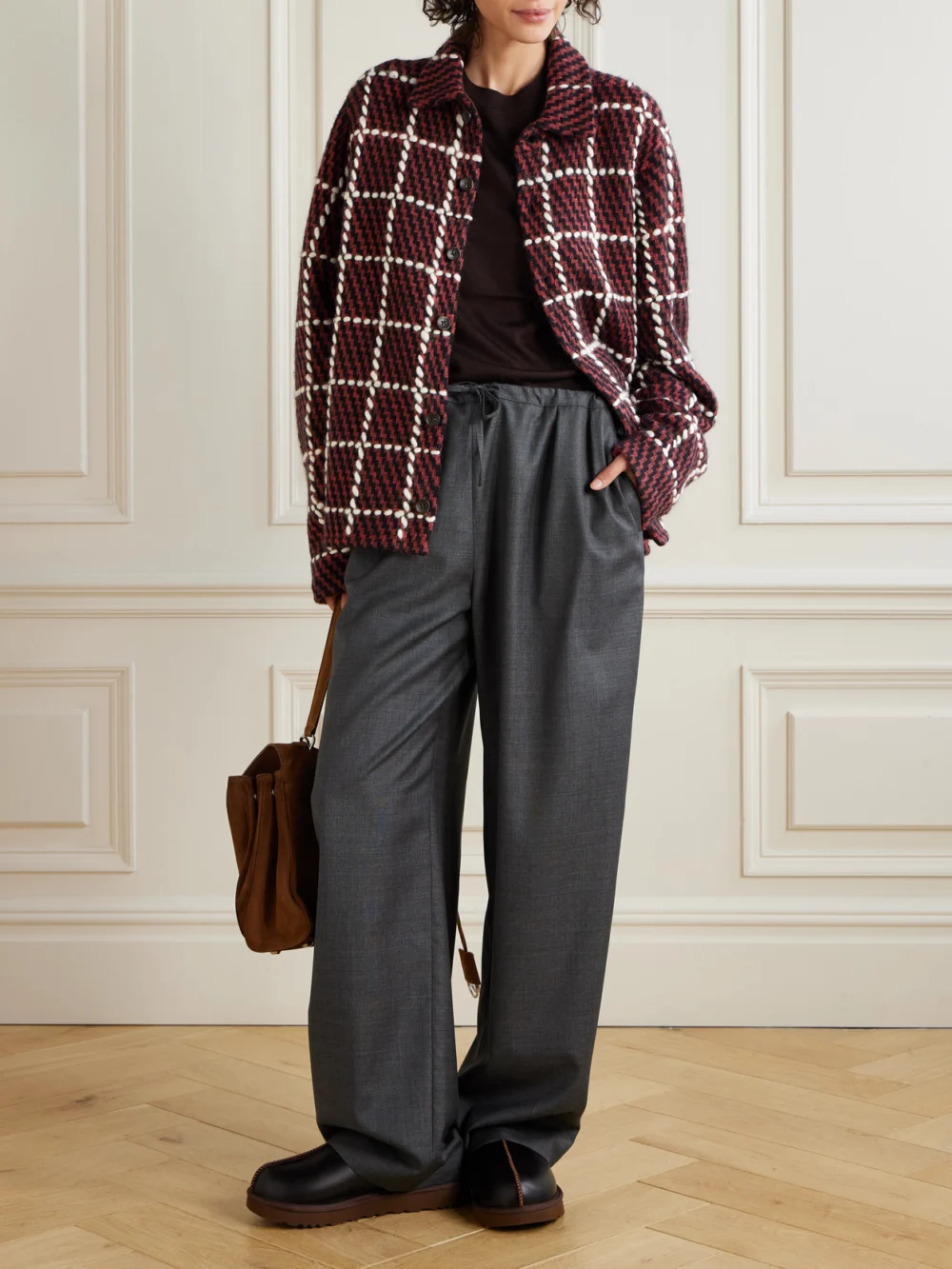 Aimé Leon Dore Embroidered Checked Merino Wool-blend Cardigan, worn by a model