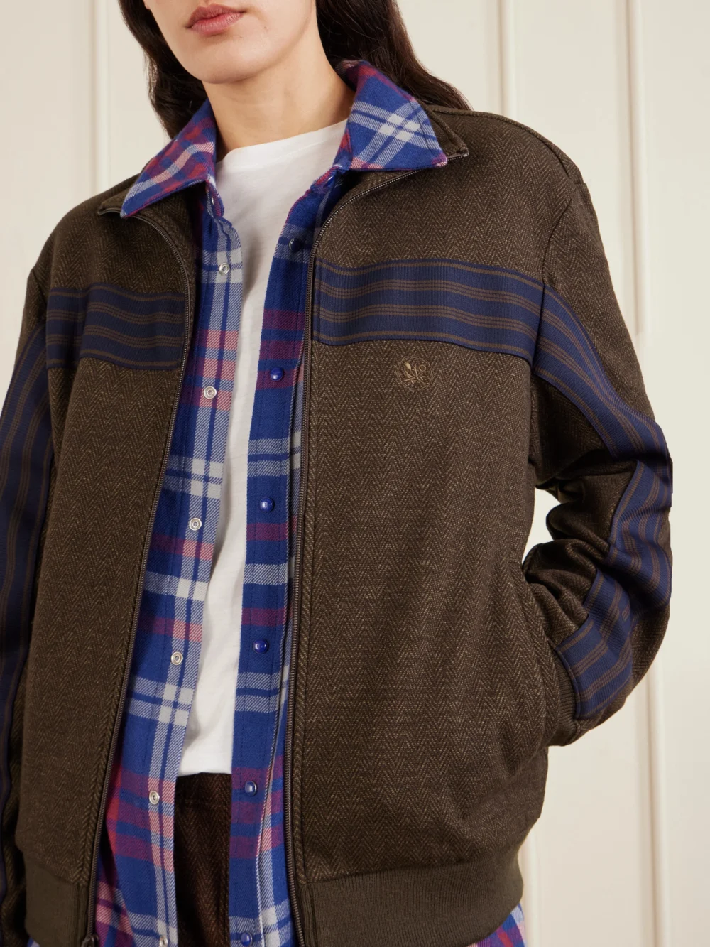 Close-up detail of the Aimé Leon Dore Striped Herringbone Wool and Cotton-blend Track Jacket