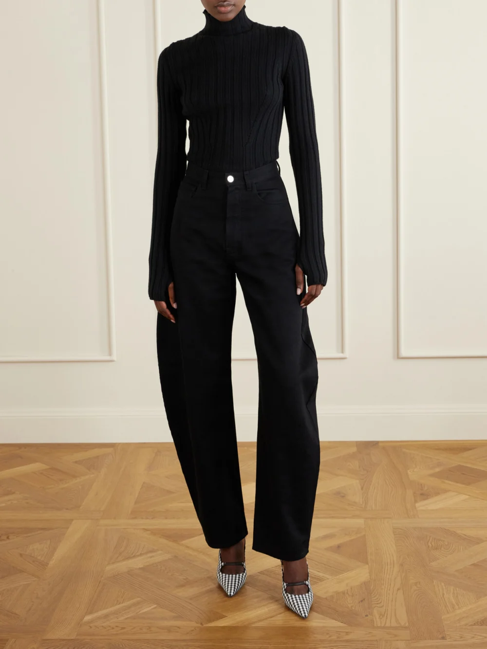 Alaïa 90 Checked Leather-trimmed Canvas Slingback Pumps, styled view