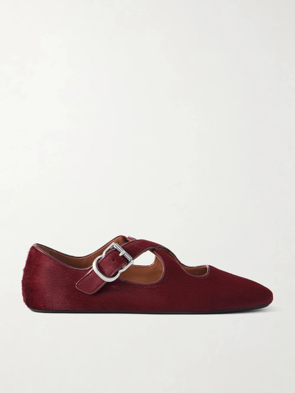 Alaïa Criss Cross Leather-trimmed Calf Hair Ballet Flats in burgundy