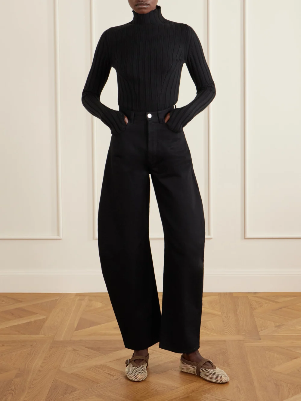 Alaïa Embroidered Satin-cord and Mesh Ballet Flats, styled view
