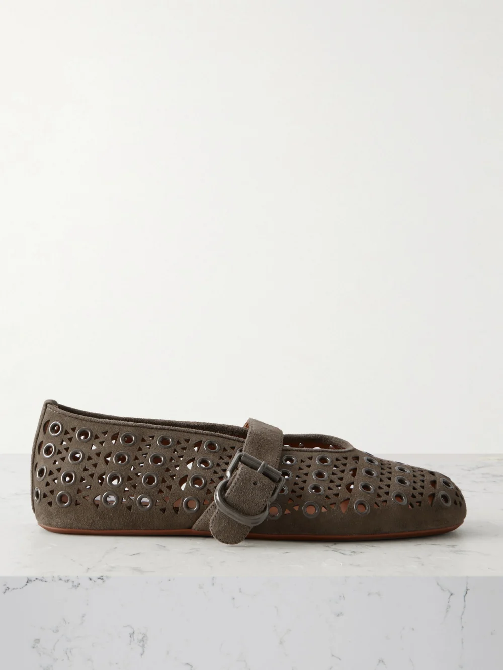 Alaïa Eyelet-embellished Perforated Suede Ballet Flats in gray
