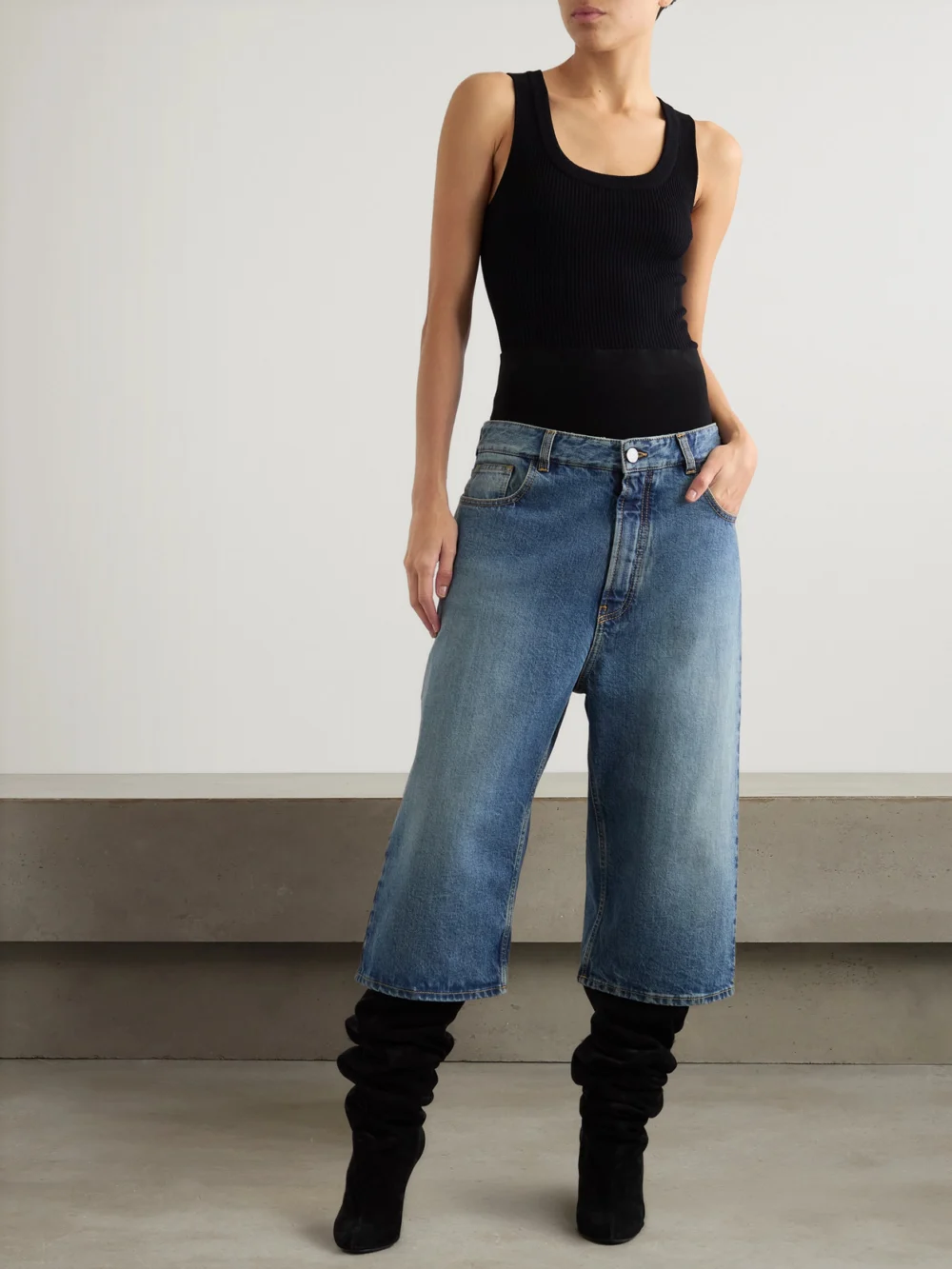 Alaïa Jersey-trimmed Denim Shorts, worn by a model