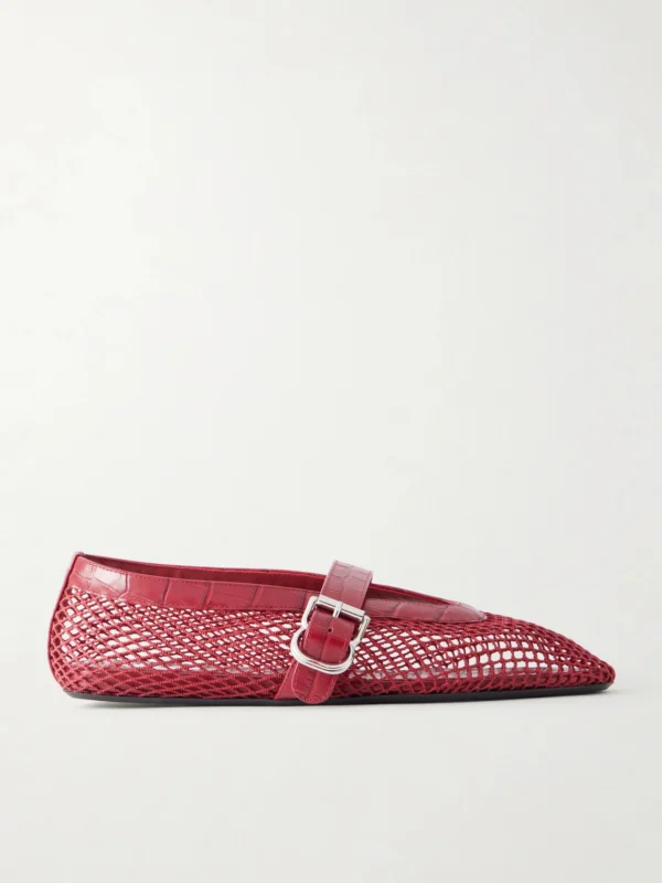 Alaïa La Ballerine Croc-effect Leather-trimmed Mesh Ballet Flats