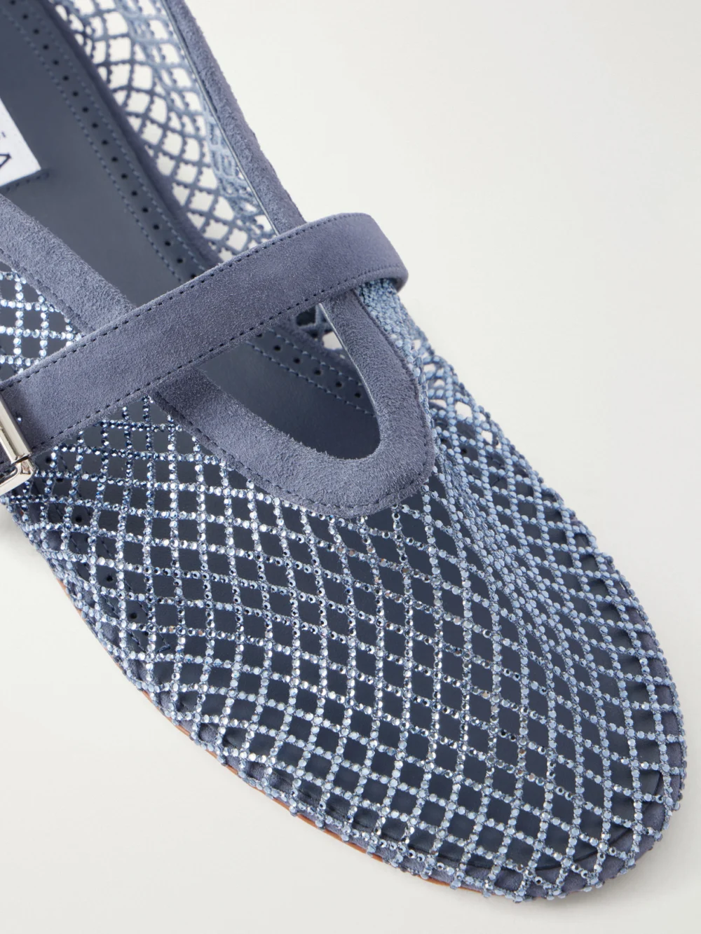Close-up detail of the Alaïa La Ballerine Crystal-embellished Suede-trimmed Mesh Ballet Flats