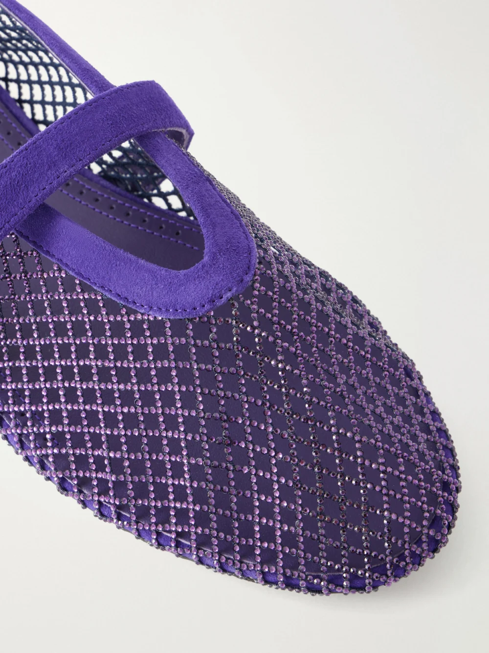 Close-up detail of the Alaïa La Ballerine Crystal-embellished Suede-trimmed Mesh Ballet Flats