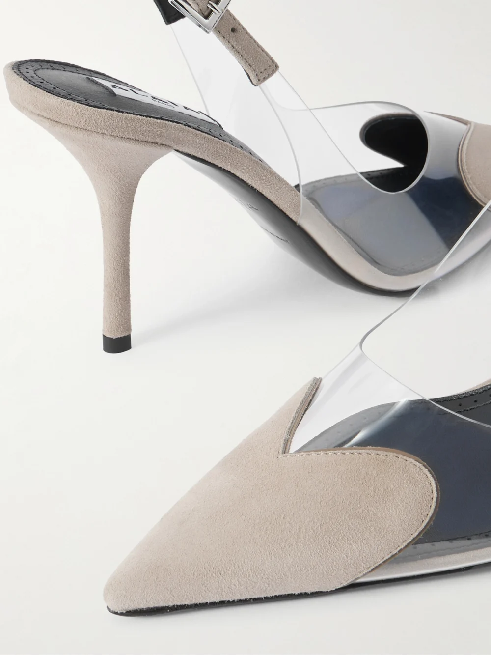 Close-up detail of the Alaïa Le Caur 90 Suede and Pvc Slingback Pumps
