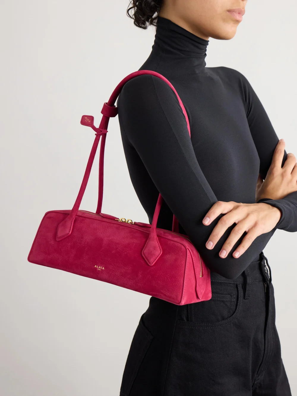 Alaïa Le Teckel Medium Nubuck Shoulder Bag, styled view