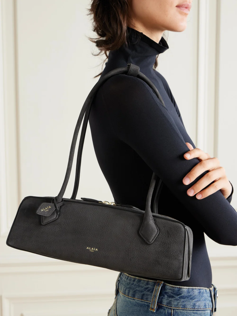 Alaïa Le Teckel Medium Nubuck Shoulder Bag, styled view