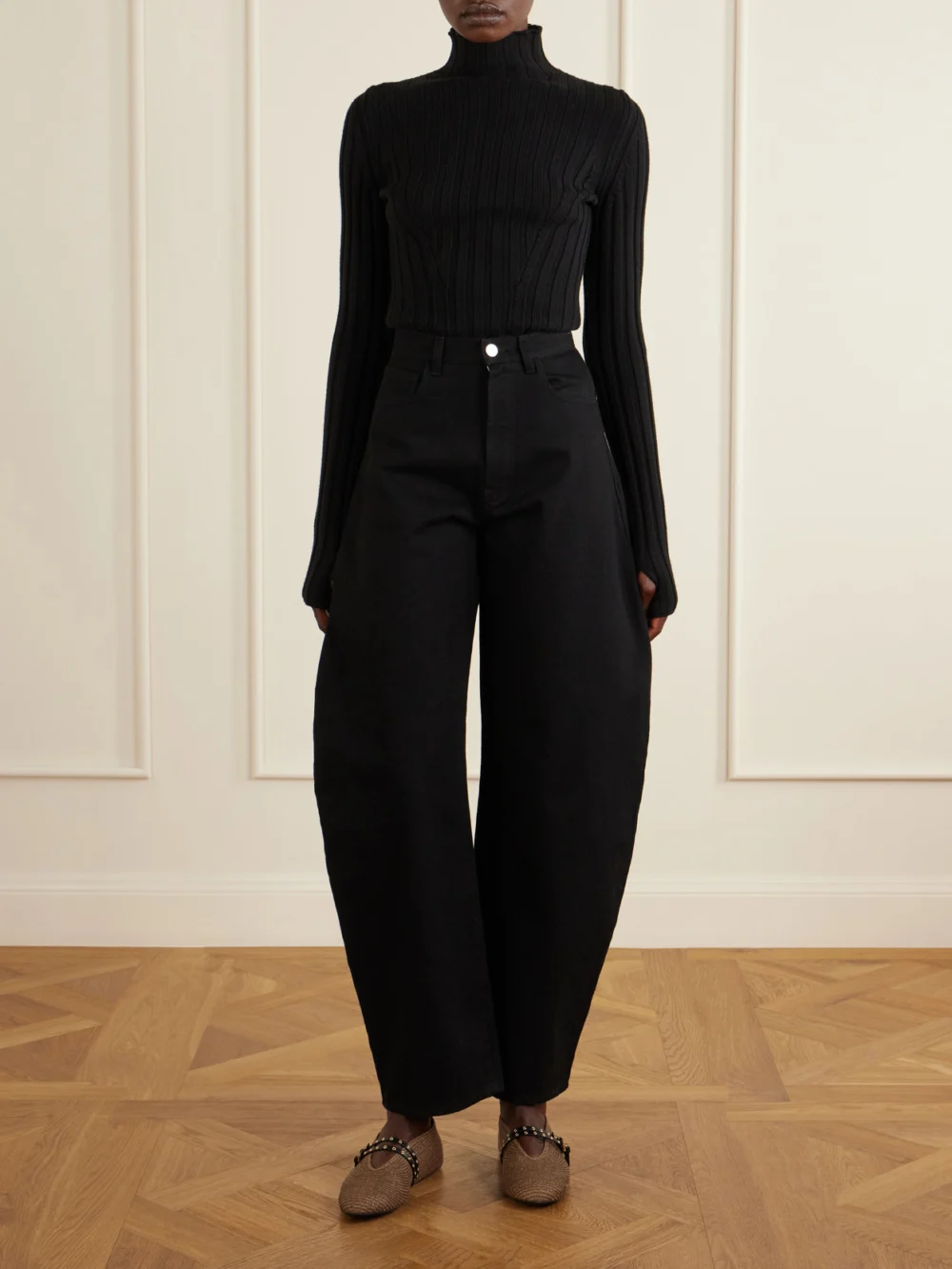 Alaïa Leather-trimmed Raffia Ballet Flats, styled view
