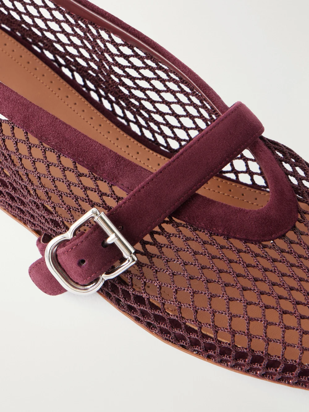 Close-up detail of the Alaïa Suede-trimmed Mesh Ballet Flats