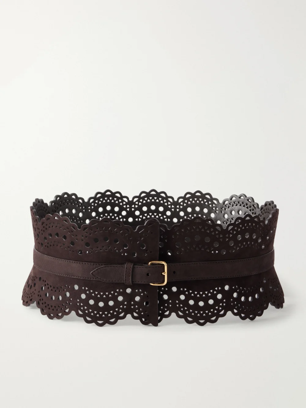 Alaïa Vienne Laser-cut Suede Waist Belt in dark brown