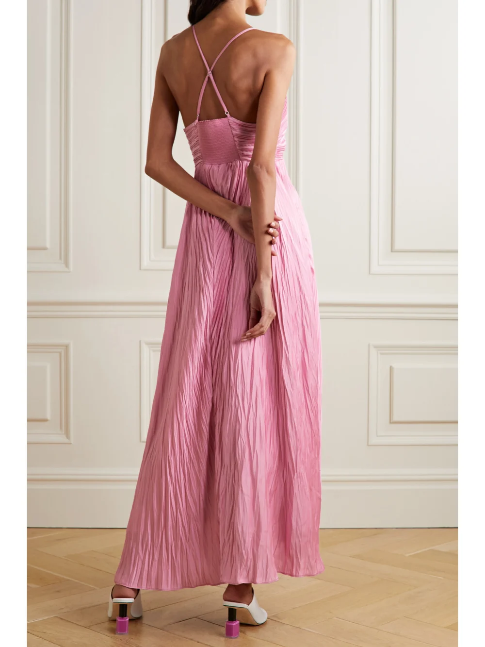 Back view of the A.L.C. Angelina Plissé-satin Maxi Dress