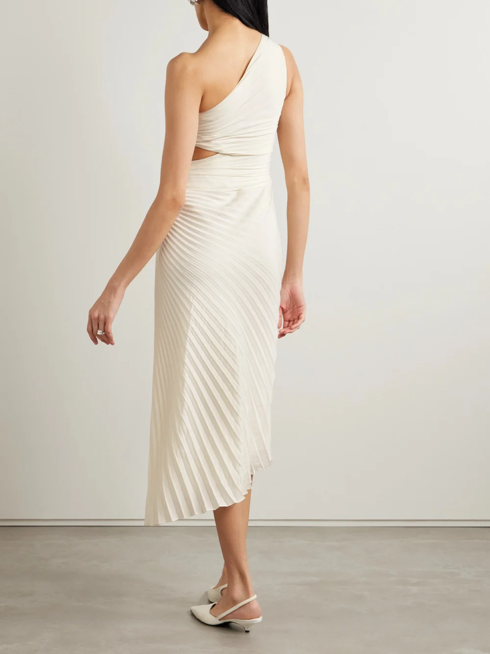 Back view of the A.L.C. Dahlia One-shoulder Cutout Pleated Crepe Maxi Dress