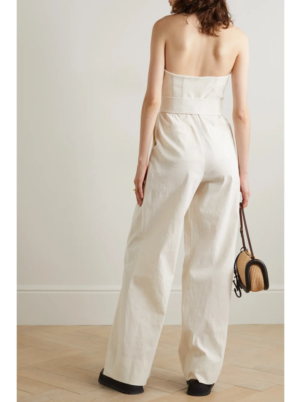 Back view of the A.L.C. Elsie Strapless Belted Linen-blend Jumpsuit