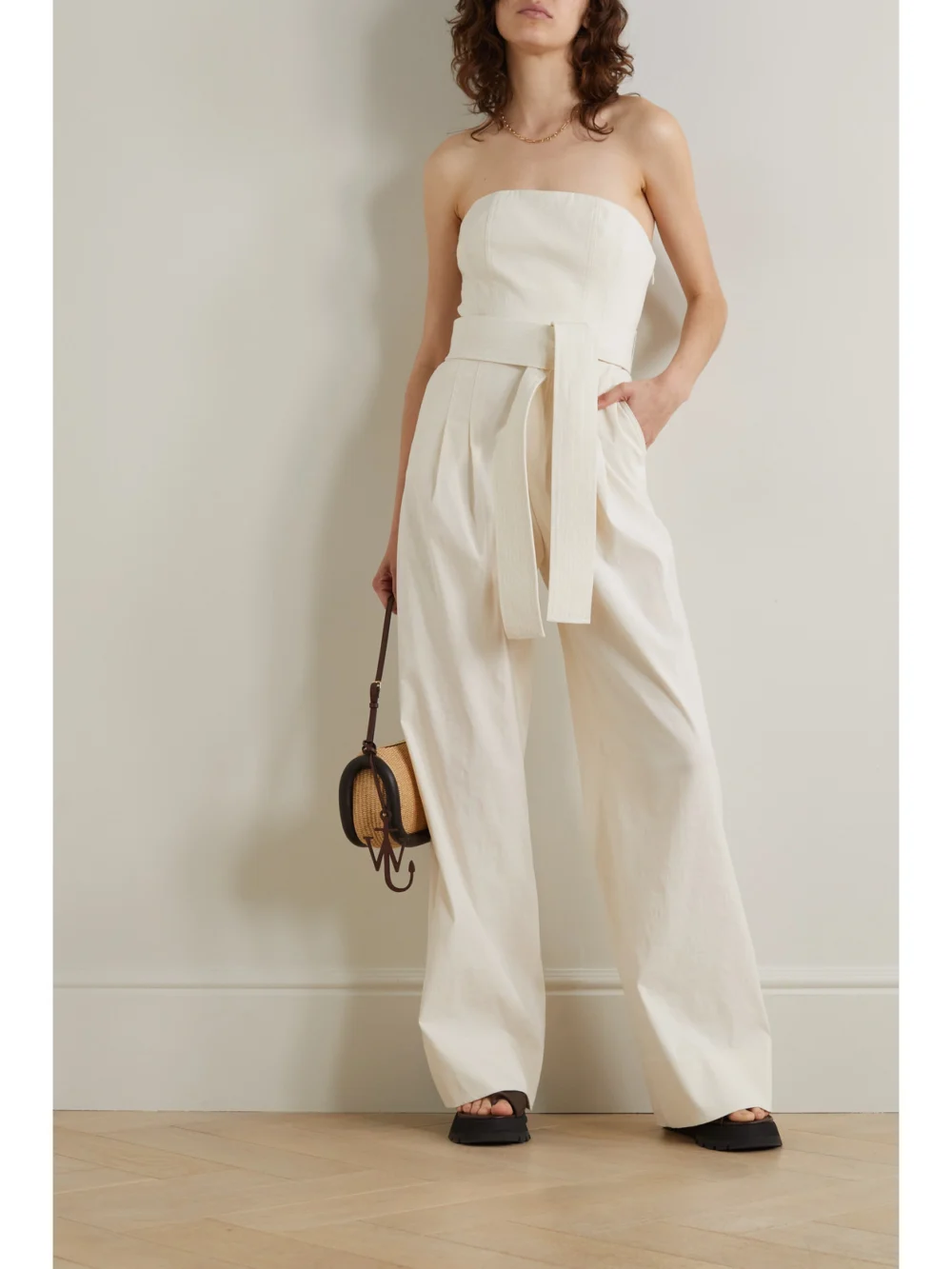 A.L.C. Elsie Strapless Belted Linen-blend Jumpsuit, worn by a model