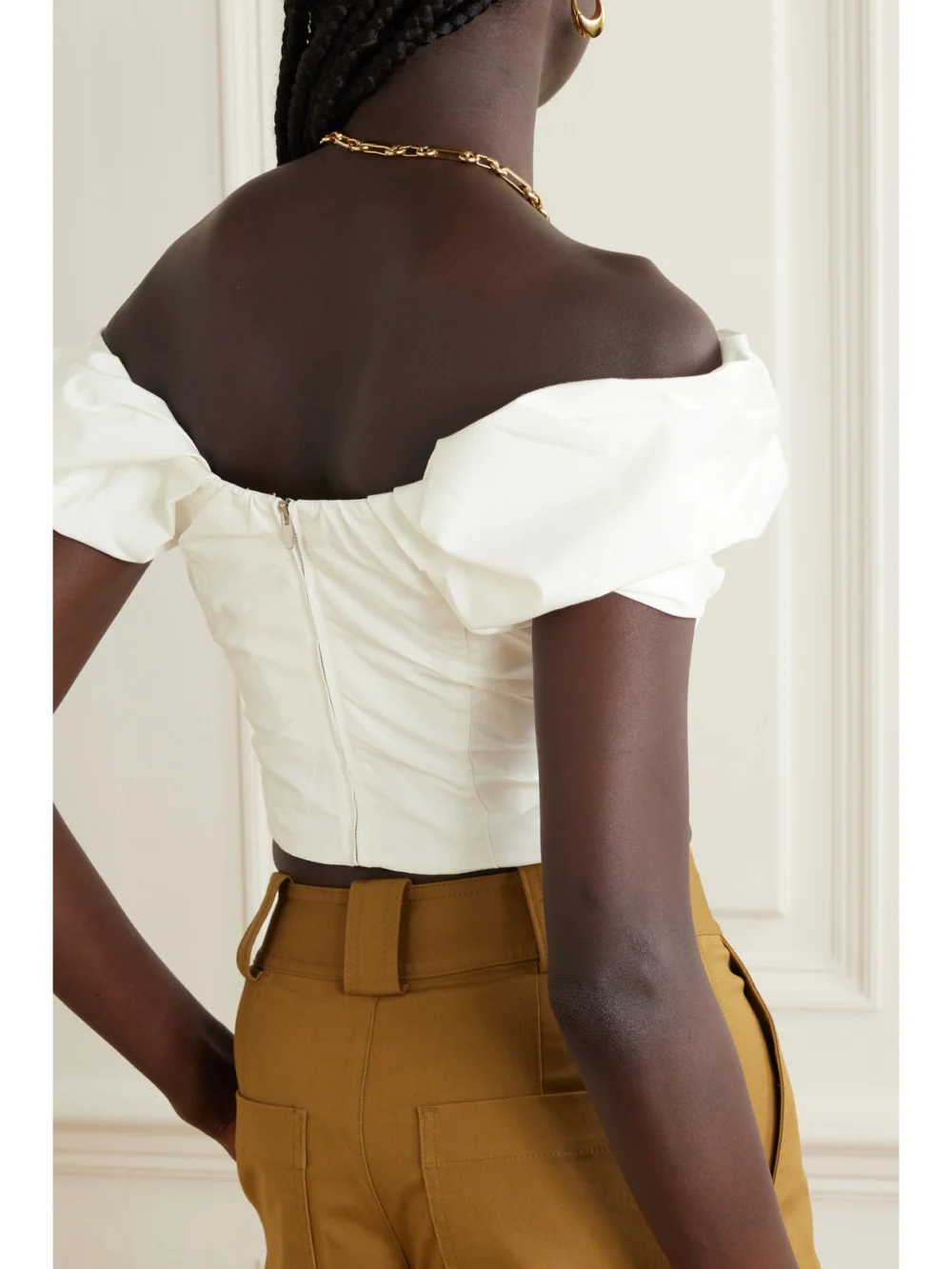 Back view of the A.L.C. Nora Off-the-shoulder Gathered Cotton-blend Poplin Top