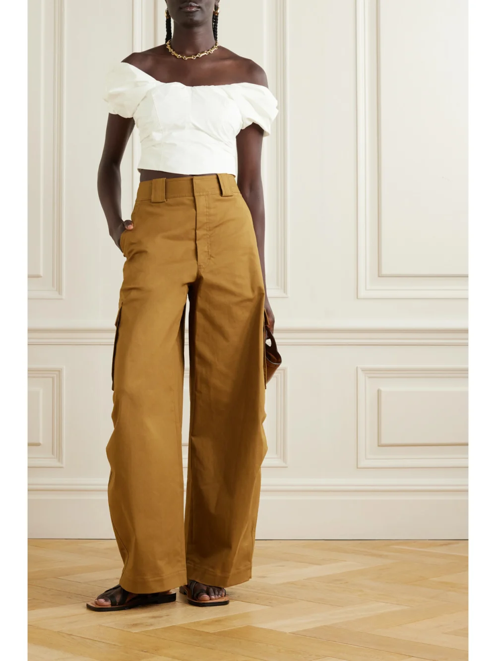 A.L.C. Nora Off-the-shoulder Gathered Cotton-blend Poplin Top, worn by a model