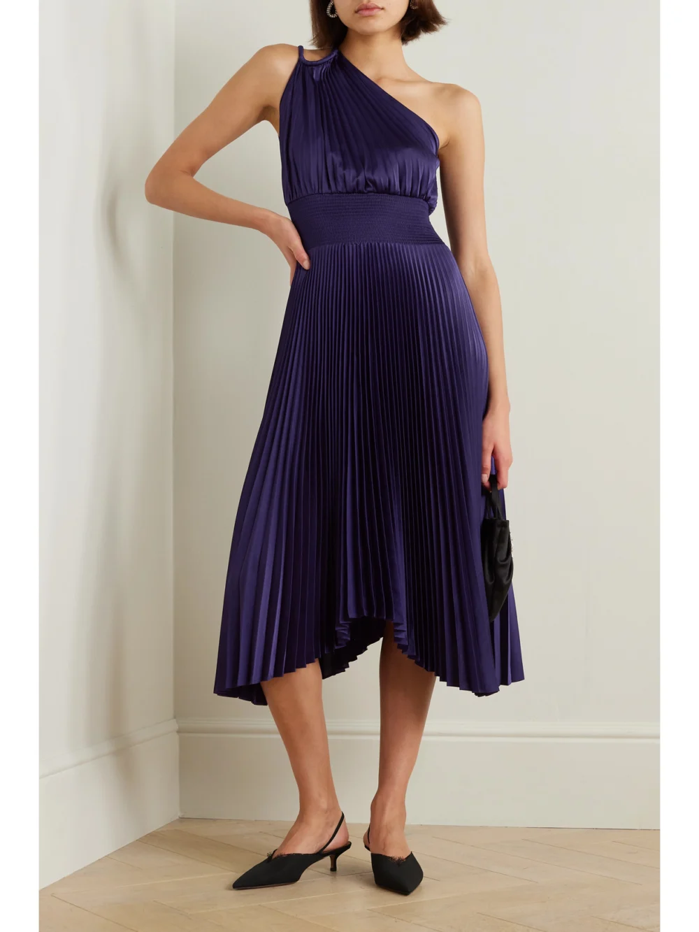 A.L.C. Ruby Asymmetric Pleated Satin Midi Dress, worn by a model