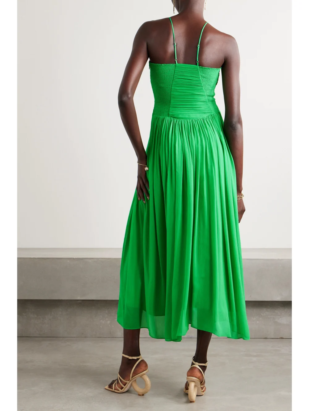 Back view of the A.L.C. Rumi Ruched Plissé Silk-chiffon Midi Dress